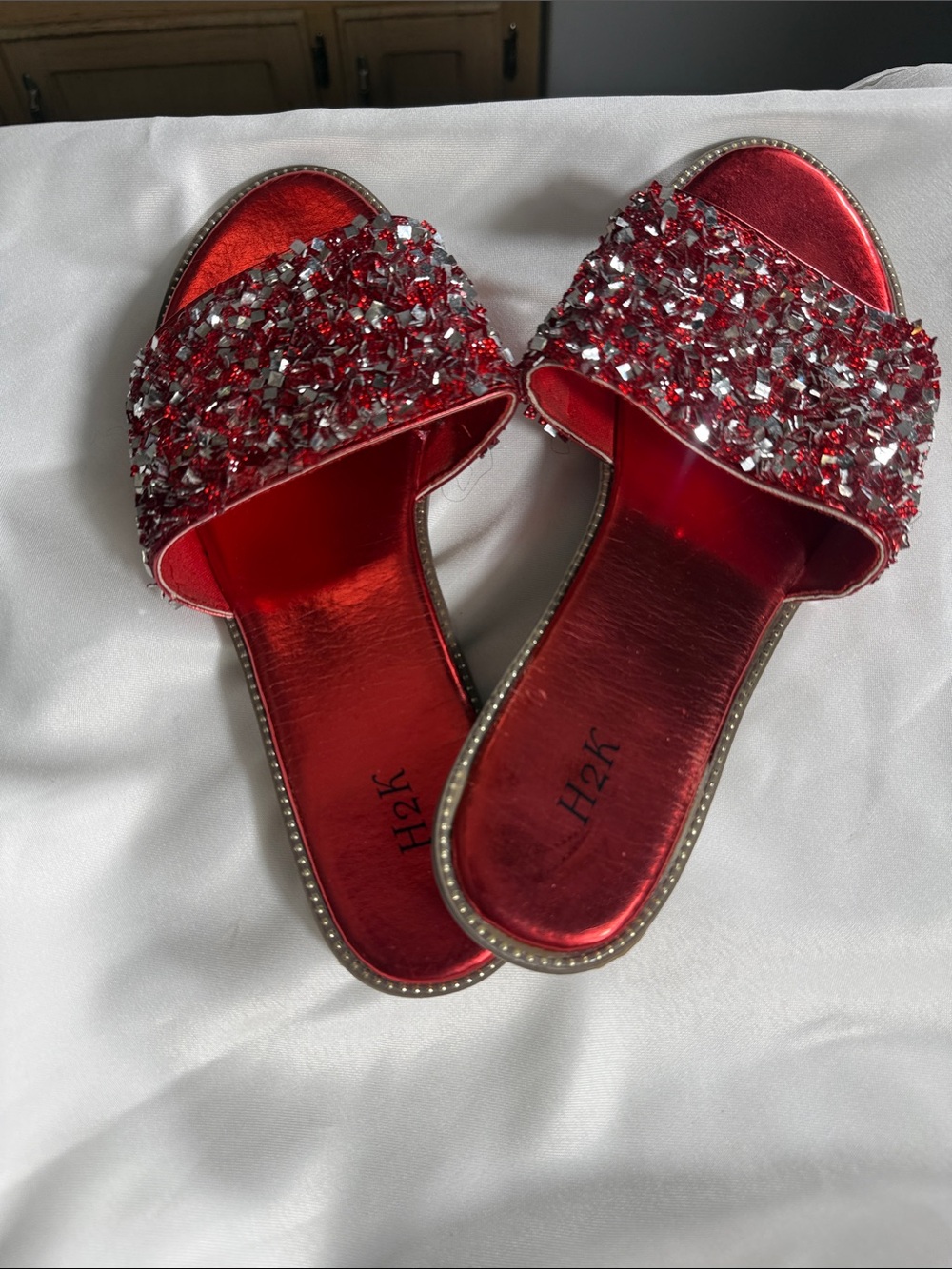 Red Jeweled Slide Sandals - H2K Sparkle Flats
